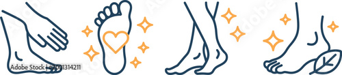 Foot care icons, hand with leg, female legs with leaves, footprints with heart, vector line art, minimal outline style representing wellness, beauty care, hygiene, and self care concepts for spa,