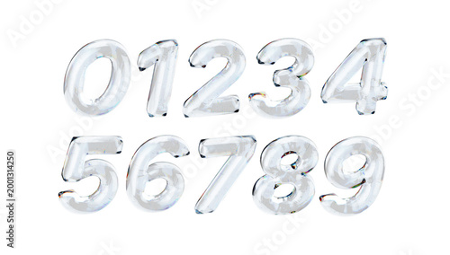 Glass numbers set 3d render dispersion trendy design. Modern abstract shape with glossy crystal finish and neon blue light on a transparent background.