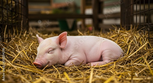 Cute little pink piglet sleeping outdoors.