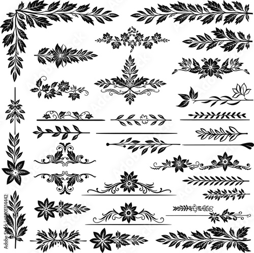 Black Leaf and Floral Vector Borders on White Background