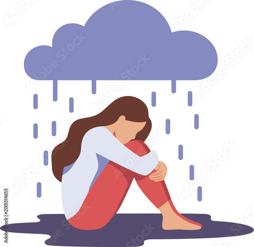 Depressed woman sitting and crying under a rain cloud representing sadness loneliness grief and mental health struggle concept