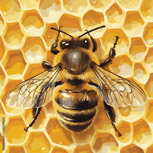 Close-up of a bee resting on a honeycomb, showcasing nature's intricate beauty and the importance of pollinators.