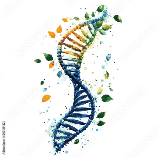Colorful DNA spiral with leaves representing genetics and nature's diversity.