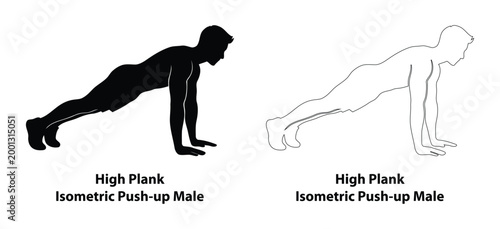 Man Black Silhouette and Outline Set Performing High Plank Isometric Push-up for Core Stability and Strength Training Illustration