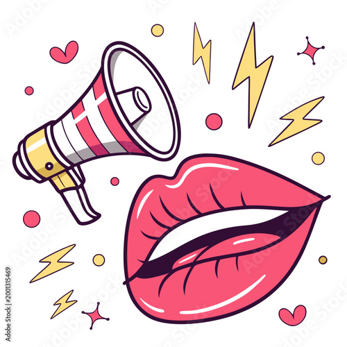 Foto Retro mouth and megaphone with thunderbolts.