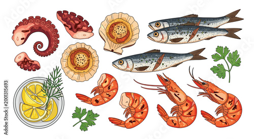 A collection of colorful grilled seafood illustrations including shrimp, octopus tentacles, scallops, and sardines with lemon slices arranged on a white background.