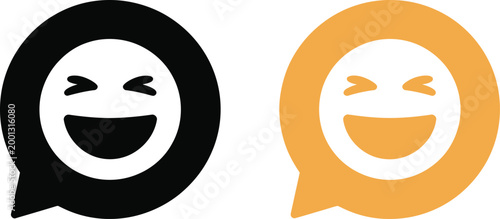 Laughing emoji icon on speech bubbles, laugh emoticon sign symbol, playful vector illustration representing communication, humor, fun reactions, and social media interaction 