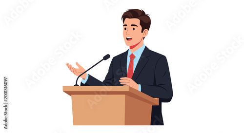 A professional man in a navy suit stands behind a wooden podium delivering a speech into a microphone within a bright and clean environment with a neutral light color palette.