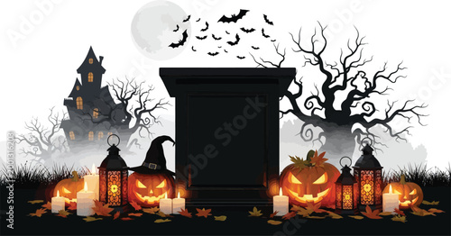 Halloween Pumpkins Glowing around Tombstone in Spooky Graveyard