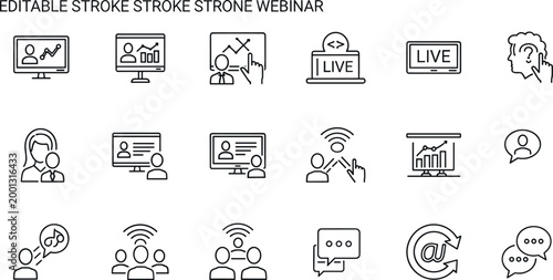 Editable stroke webinar and online learning icon set featuring live streaming, virtual meetings, presentations, and digital communication symbols