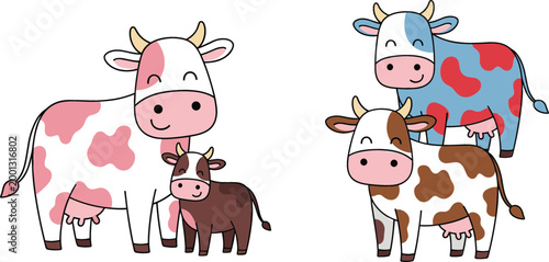 Cute cartoon cow family set with calves and colorful patterns adorable farm animals dairy livestock vector illustration isolated on light background