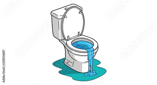 Clean vector illustration of a white toilet overflowing with blue water on a simple flat design