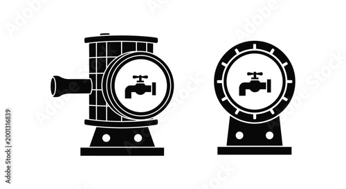 Clean black and white vector graphic illustration depicting two distinct water filter units with integrated tap symbols.