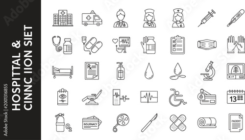 Hospital and clinic icon set featuring healthcare services, medical equipment, diagnostics, emergency treatment, and patient care symbols