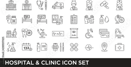Hospital and clinic icon set featuring medical equipment, healthcare services, diagnostics, emergency care, and patient treatment symbols