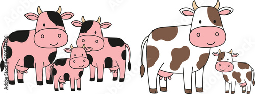 Cute cartoon cow family set with calves and parents farm animals dairy livestock vector illustration isolated on light background