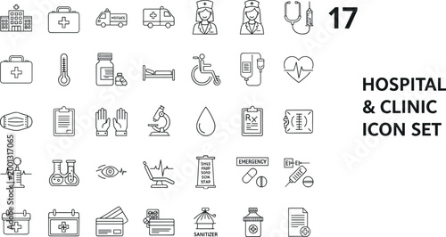 Hospital and clinic icon set featuring medical equipment, healthcare services, emergency, diagnosis, treatment, and patient care symbols