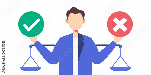 person holding checkmark and cross symbols with scales