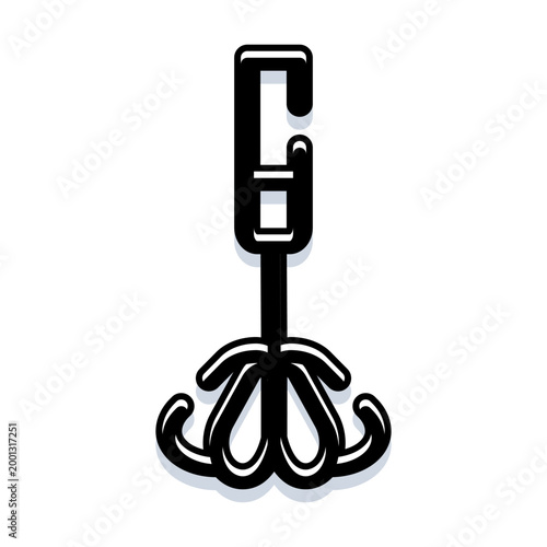 Tableau sur toile Grappling hook with multiple prongs and attached carabiner, metal anchoring tool