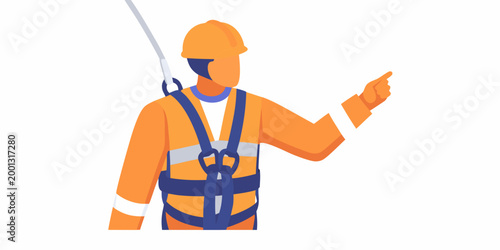 construction worker in safety harness pointing high quality