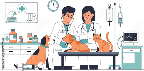 Veterinary Clinic Illustration with Doctors Examining Dog and Cat, Pet Healthcare, Animal Treatment and Medical Care Scene for Veterinary Services Design
