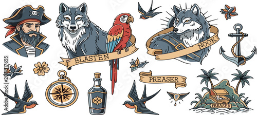 Vintage Nautical Tattoo Style Illustration Set Featuring Pirate, Wolf, Parrot, Anchor, Compass, and Island Elements for Retro Maritime Design and Adventure Themes