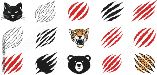 Wild Animal Claw Scratch Marks and Predator Logo Set with Tiger, Bear, Cat Icons for Esports Branding, Tattoo Design and Aggressive Graphic Elements
