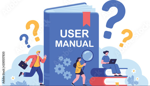 Small people characters around large user manual book with question marks representing technical documentation customer support and instructions