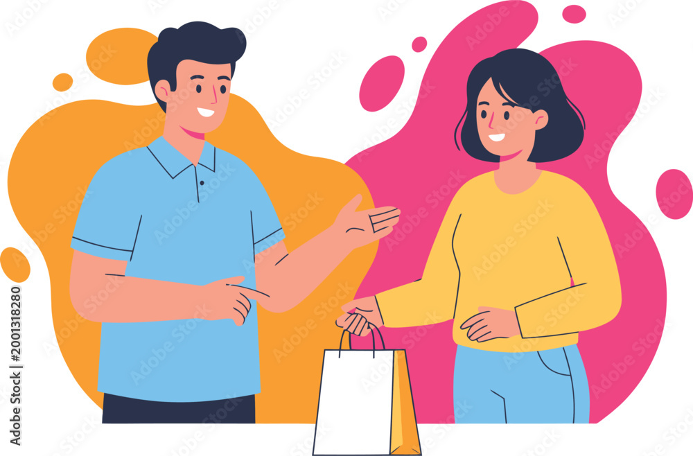 Obraz premium Happy customer receiving shopping bag from seller, retail service vector illustration isolated on White Background
