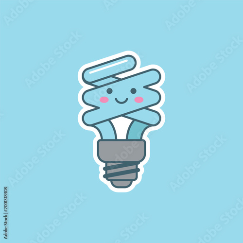 Cute Kawaii Style Energy Saving Compact Fluorescent Light Bulb Illustration.
