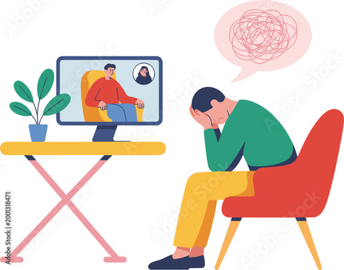 Man in online therapy session talking to psychologist on computer screen representing virtual mental health support and counseling