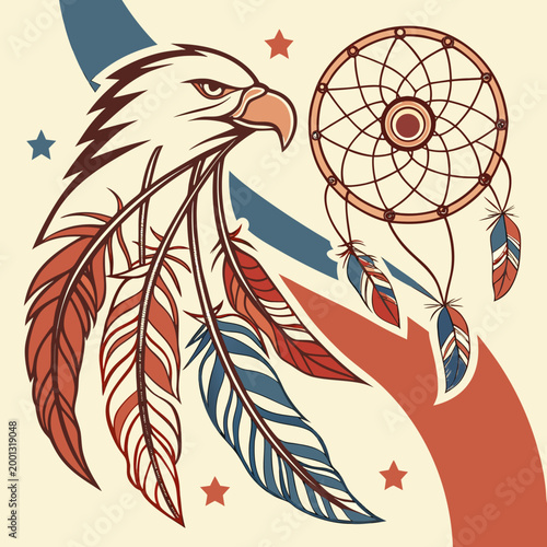 Photos Eagle with feathers and dreamcatcher american style.