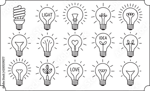 Creative hand drawn light bulb icons illuminating ideas love and innovation concepts