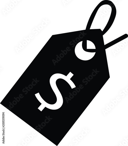 Black Price Tag with Dollar Sign Icon on White Background