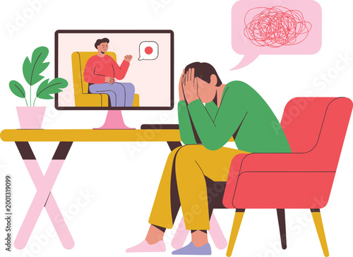 Man in online therapy session talking to psychologist on computer screen representing virtual mental health support and counseling
