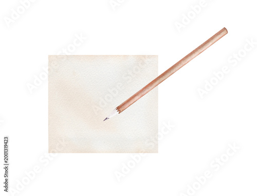 Hand-painted watercolor illustration wiht a sharp wooden pencil lying on a square piece of textured paper. Minimalist aesthetic with realistic textures, isolated on a white background. For bullet