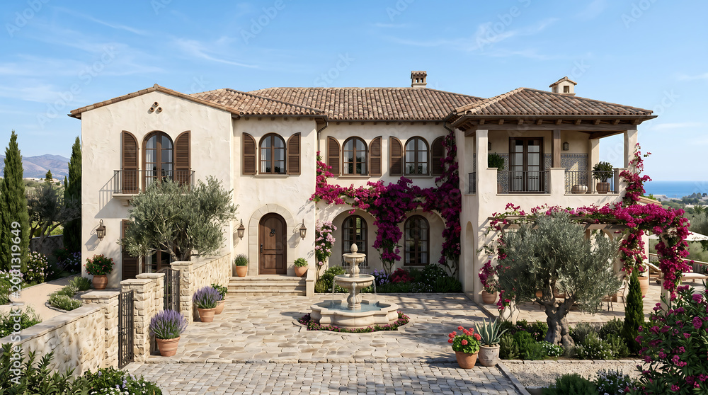 Fototapeta premium Mediterranean Villa Architecture Terracotta Roof 3D