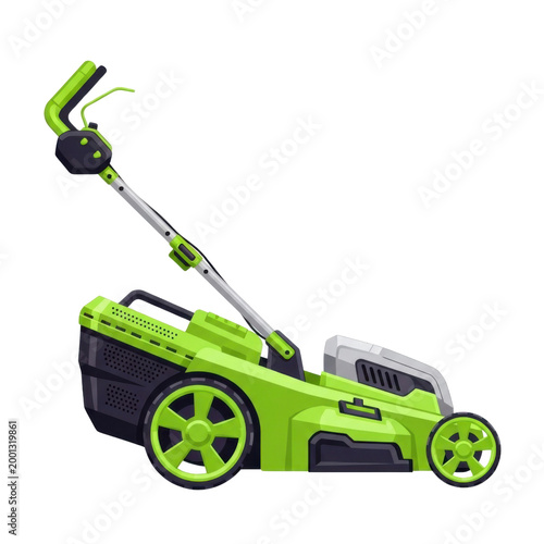 Bright Green Electric Lawn Mower Isolated on Transparent Background
