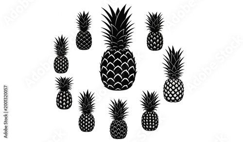 Black pineapple silhouette vector icons with tropical fruit symbol collection