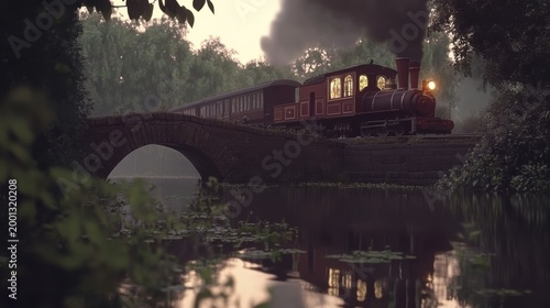 Vintage steam train crossing a bridge over a serene river landscape