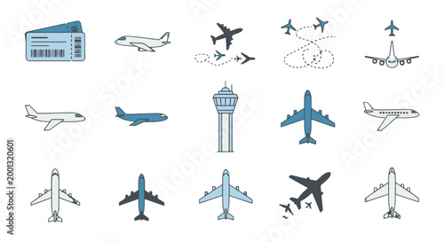 Set of Blue Airplane and Airport Related Icons with Boarding Pass and Control Tower on Isolated White Background