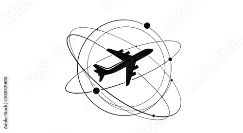 Abstract black silhouette of an airplane with orbiting lines and dots, representing global air travel and connectivity, isolated white background.