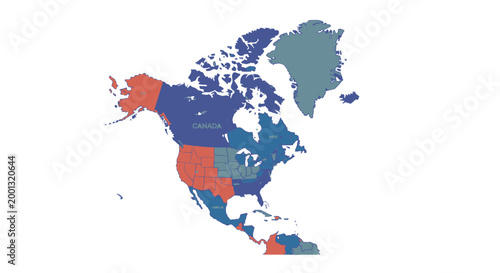 Political map of North America continent with distinct colored states and provinces, isolated white background.