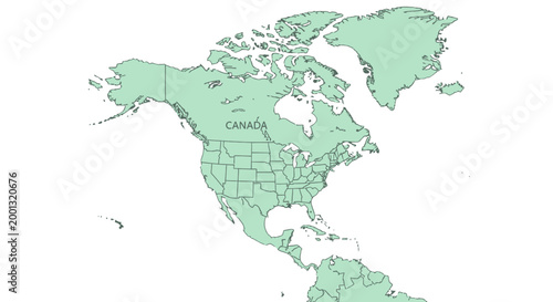 Detailed political map of North America continent showing country borders and names, isolated white background.