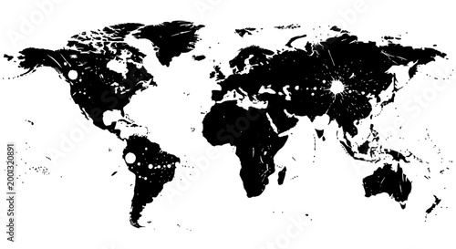 Black and white world map illustration.