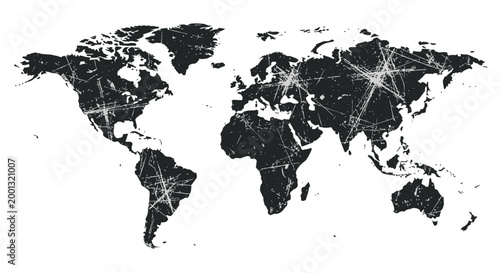 Black and white world map illustration.