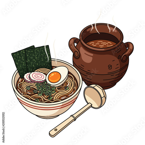 A steaming bowl of delicious ramen noodles with a hard-boiled egg, nori, and narutomaki, next to a pot of broth and a ladle.