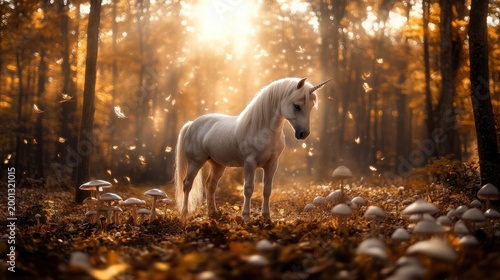 Majestic White Unicorn in Enchanted Autumn Forest with Mushrooms
