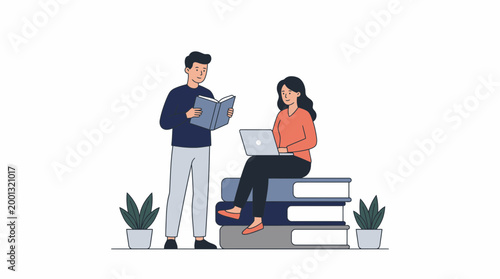 Fényképezés Learning Together Flat Vector Illustration Digital and Traditional Study Methods