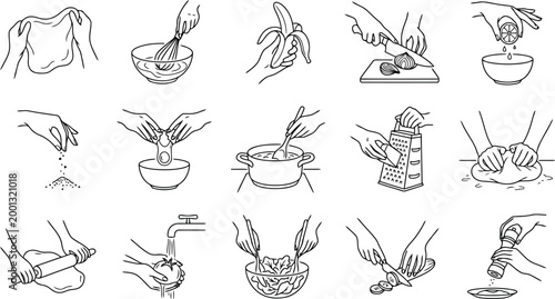 Set of cooking and food preparation icons, hands performing various kitchen tasks, vector illustration